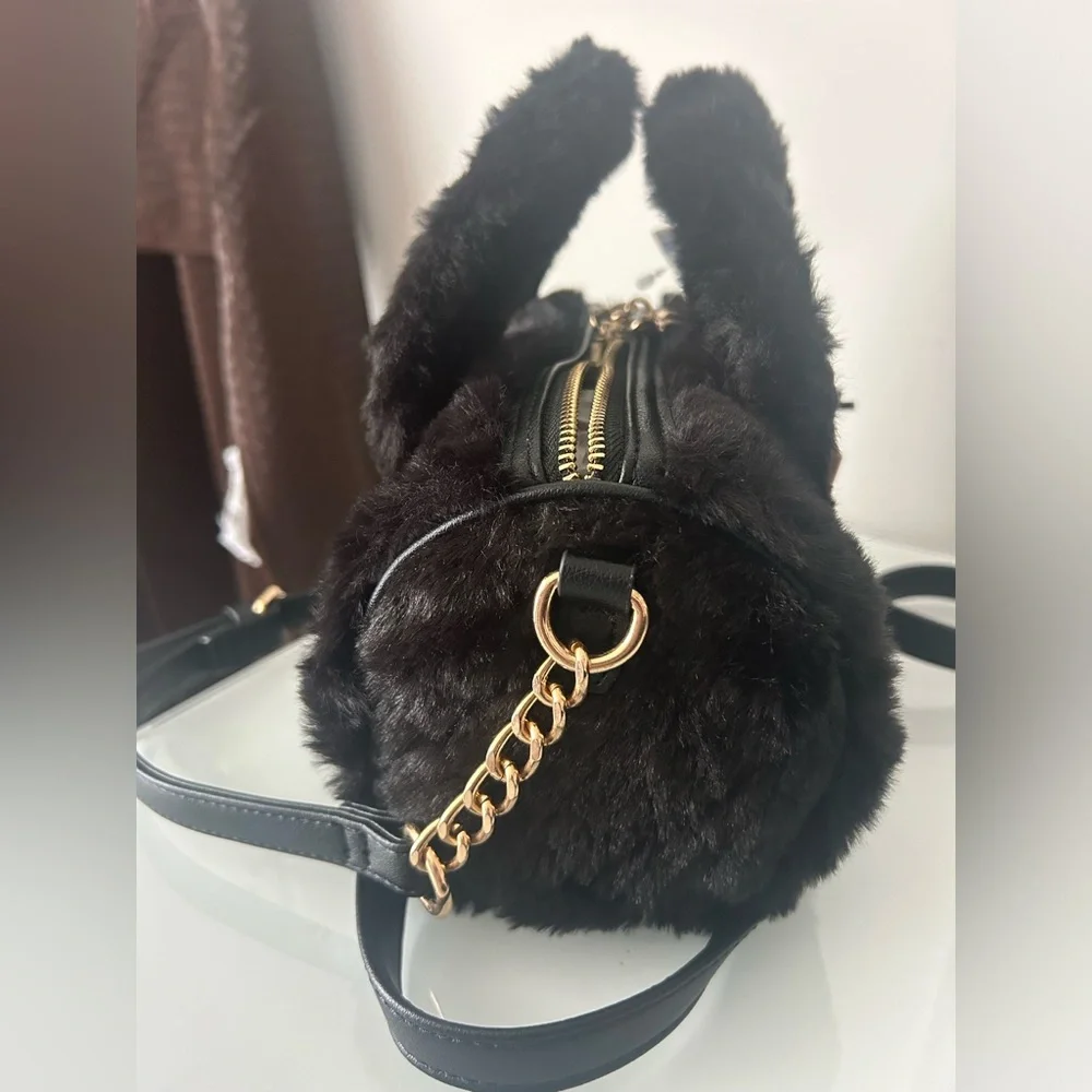 Black Faux Fur Barrel Bag